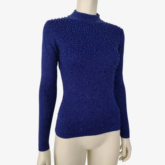 Vintage 1980s Blue Metallic Silk Beaded Stretch Knit Mock Neck Sweater - Picture 3 of 12